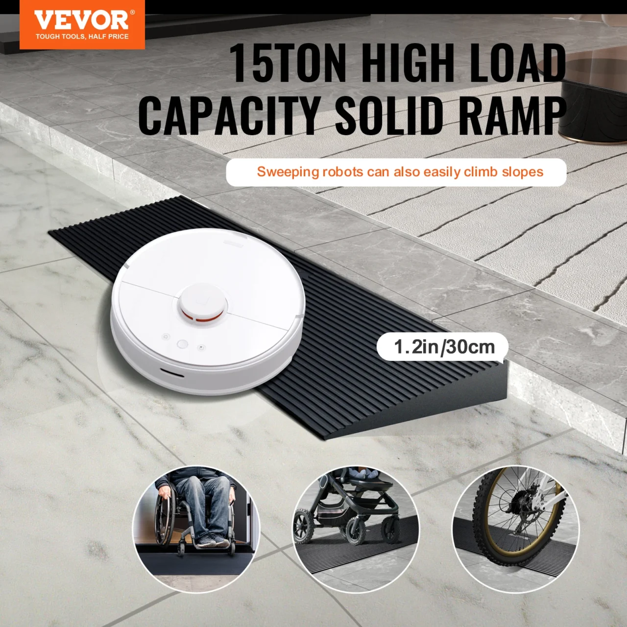 VEVOR 1.2" Rise Threshold Ramp Cuttable Natural Rubber Wheelchair Ramp Scooter with Double-Sided Tape for Doorways Driveways - Image 2