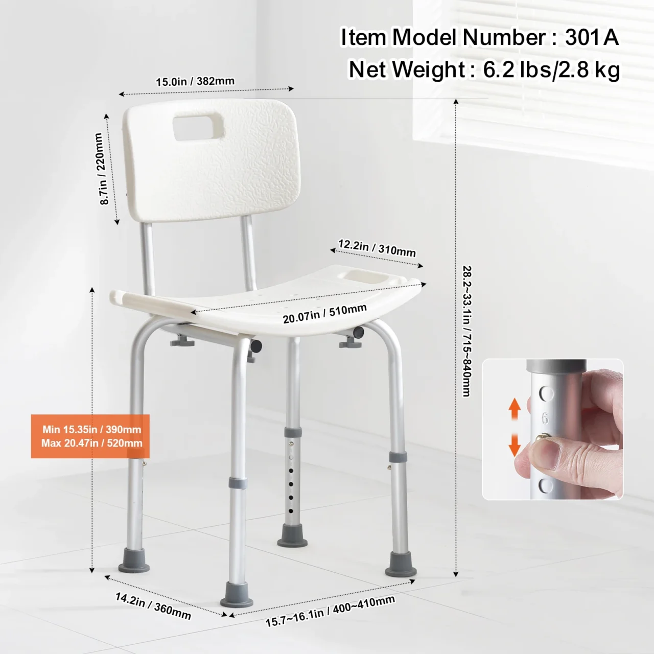 VEVOR Shower Chair Shower Seat with Back Adjustable Height Shower Stool Shower Chair for Inside Shower Bathtub 350 lbs Capacity - Image 6