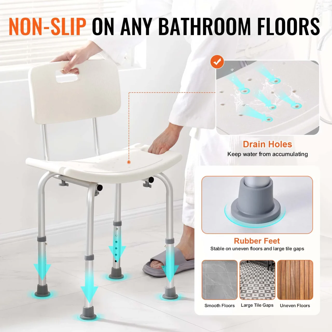 VEVOR Shower Chair Shower Seat with Back Adjustable Height Shower Stool Shower Chair for Inside Shower Bathtub 350 lbs Capacity - Image 3