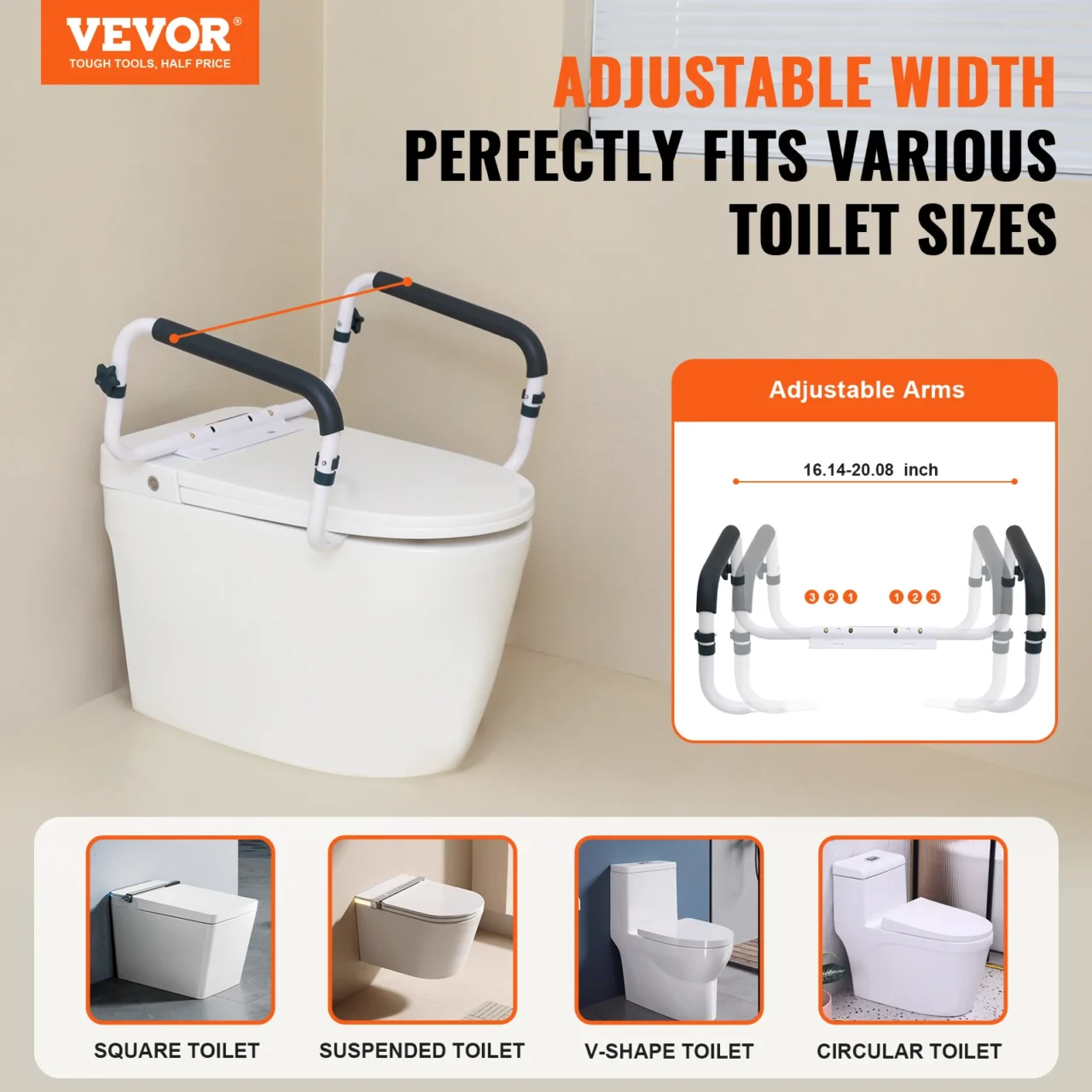 VEVOR Toilet Safety Rail 300LBS Capacity Toilet Seat Frame Adjustable Width Fit Most Toilets, Easy Installation Toilet Handles - Image 2