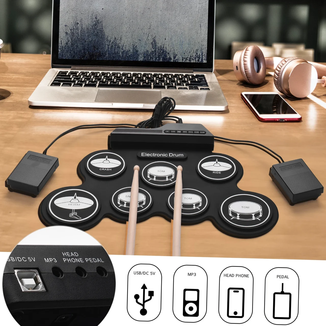 Roll-Up Electronic Drum Kit – USB-Powered Foldable Pad with Pedals for Stroke Recovery, Rhythm Therapy & Hand Coordination | Stroke Lyfe™ Rehab Gear - Image 5