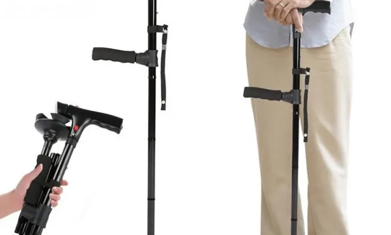 Collapsible LED Walking Cane – Telescopic Folding Stick with Alarm & Quad Base for Stroke Recovery, Seniors & Nighttime Safety | Stroke Lyfe™ Mobility Gear
