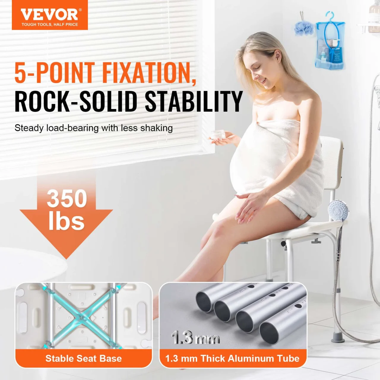 VEVOR Shower Chair Shower Seat with Back Adjustable Height Shower Stool Shower Chair for Inside Shower Bathtub 350 lbs Capacity - Image 2