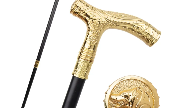 Golden Wolf Totem Walking Cane – Decorative Gentleman’s Stick with Flower Relief Knob for Stroke Recovery, Style & Cosplay | Stroke Lyfe™ Mobility Gear