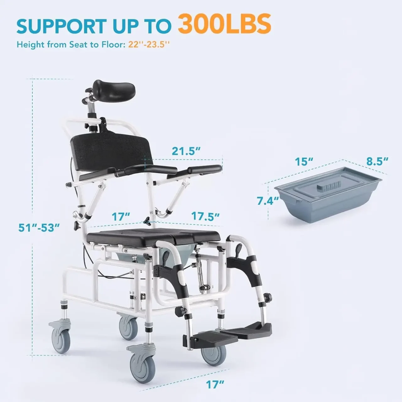 OasisSpace Personal Mobility Assist Bedside Commode Toilet Chair, Tilt Shower Commode Wheelchair, 4-in-1 Shampoo Chair 30° - Image 2