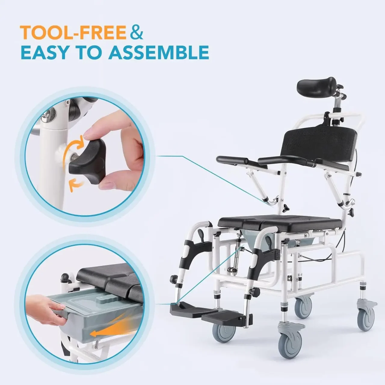 OasisSpace Personal Mobility Assist Bedside Commode Toilet Chair, Tilt Shower Commode Wheelchair, 4-in-1 Shampoo Chair 30° - Image 5
