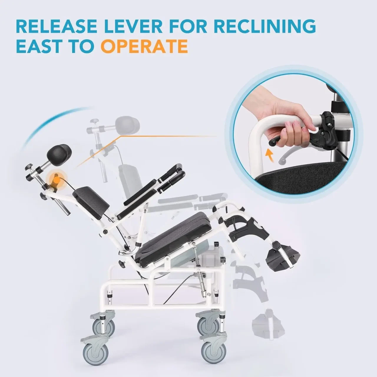 OasisSpace Personal Mobility Assist Bedside Commode Toilet Chair, Tilt Shower Commode Wheelchair, 4-in-1 Shampoo Chair 30° - Image 3