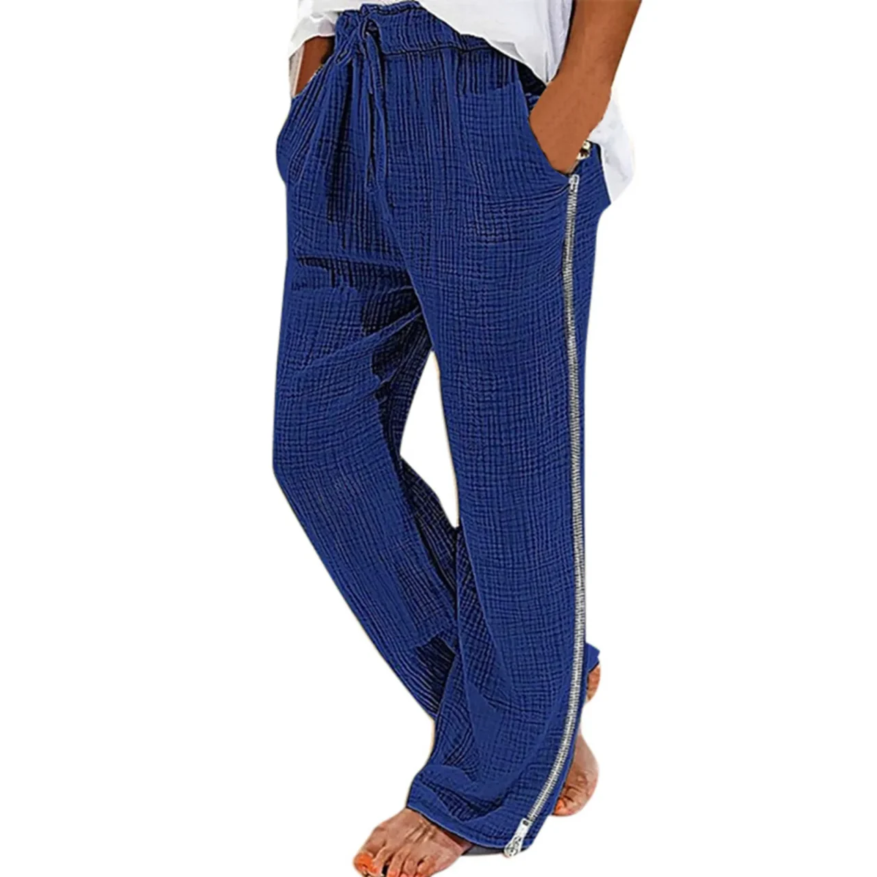 Spring Autumn Men’S Solid Casual Pocket Side Zipper Wide Leg Pants Elastic Waist Belt Loose Pants Sport Wide Leg Trousers - Image 5