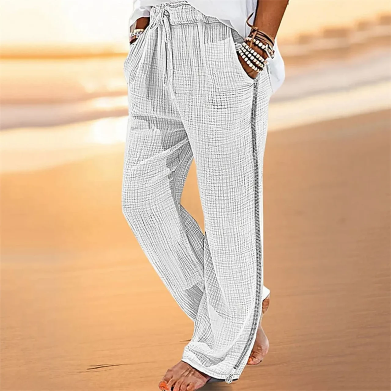Spring Autumn Men’S Solid Casual Pocket Side Zipper Wide Leg Pants Elastic Waist Belt Loose Pants Sport Wide Leg Trousers