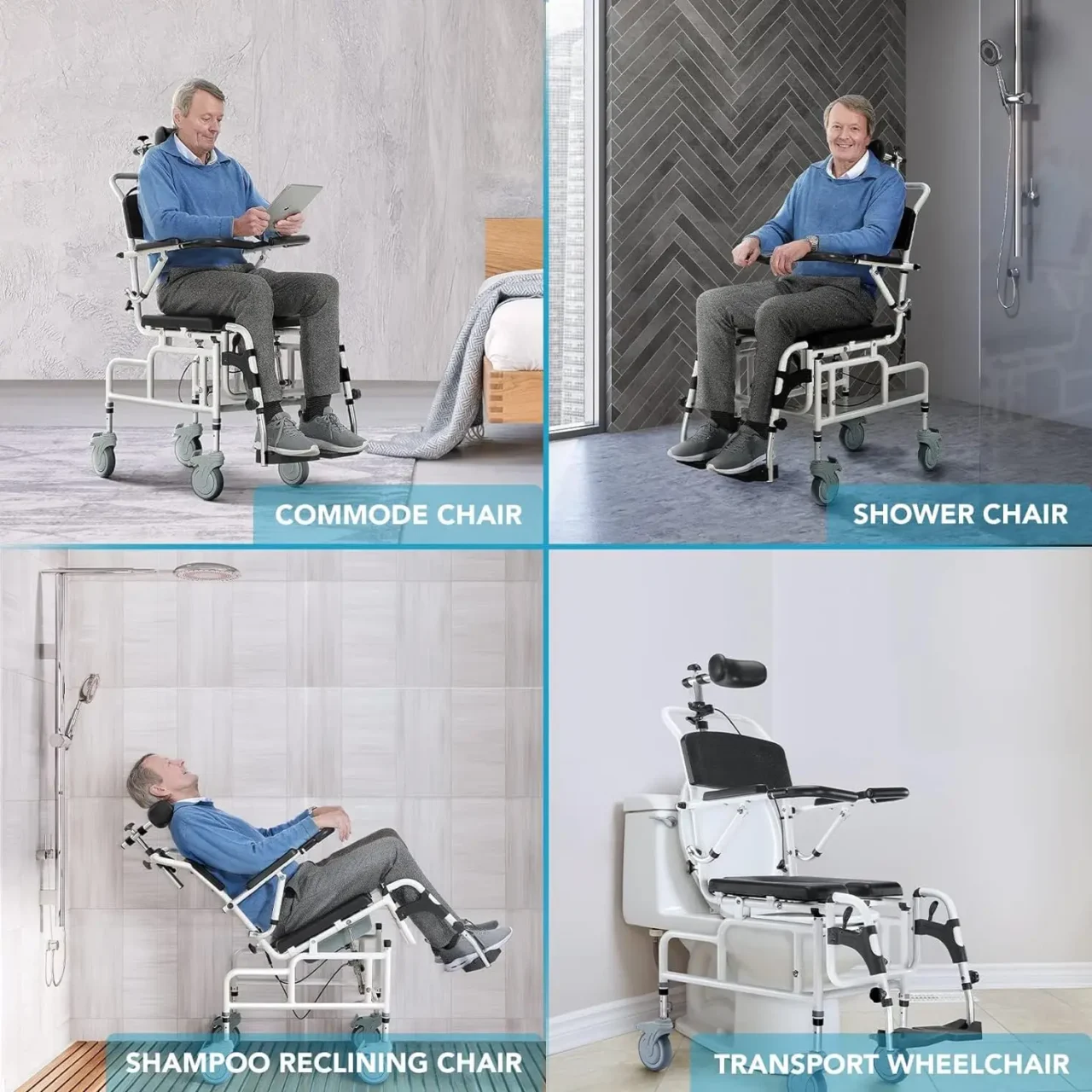 OasisSpace Personal Mobility Assist Bedside Commode Toilet Chair, Tilt Shower Commode Wheelchair, 4-in-1 Shampoo Chair 30° - Image 6