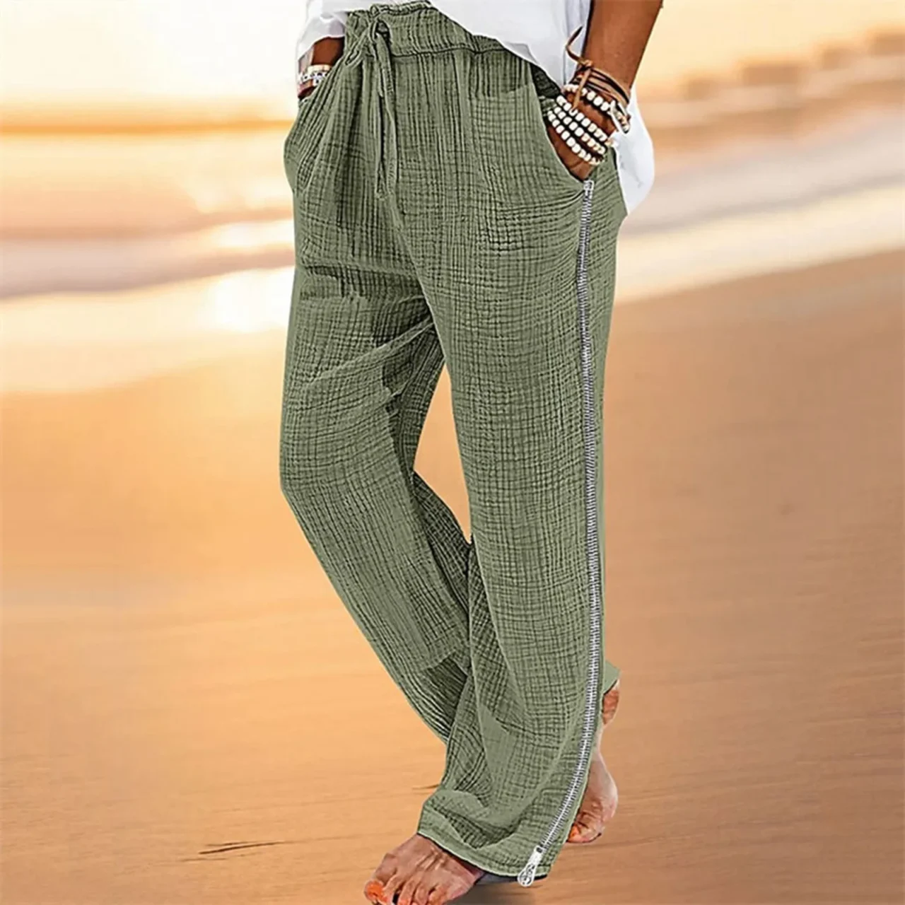 Spring Autumn Men’S Solid Casual Pocket Side Zipper Wide Leg Pants Elastic Waist Belt Loose Pants Sport Wide Leg Trousers - Image 2